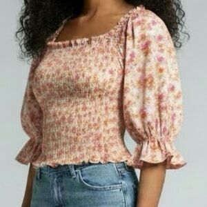 Y2K Evolutionary Cream Floral Smocked Ruffle Sleeve Cottagecore Crop Top New S